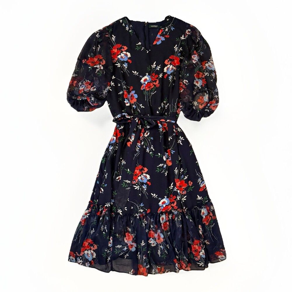 Ralph Lauren LRL Sz 16W Floral Midi Belt Dress w/Ruffles Balloon Sleeve Navy Red